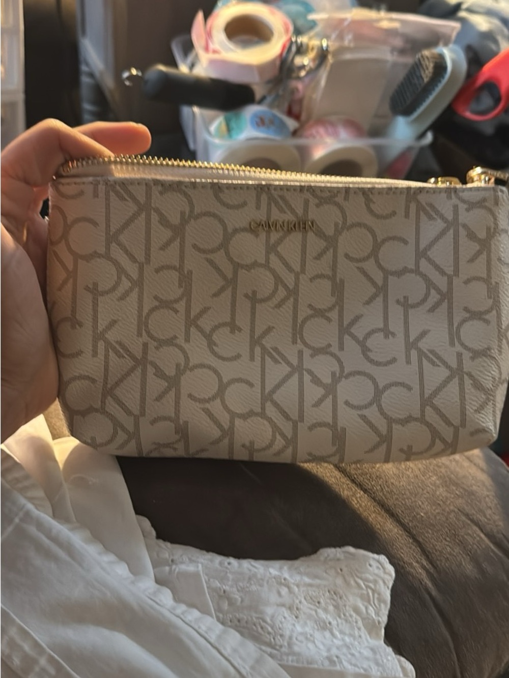 Calvin Klein Neutral Beige Monogram Cosmetic Pouch